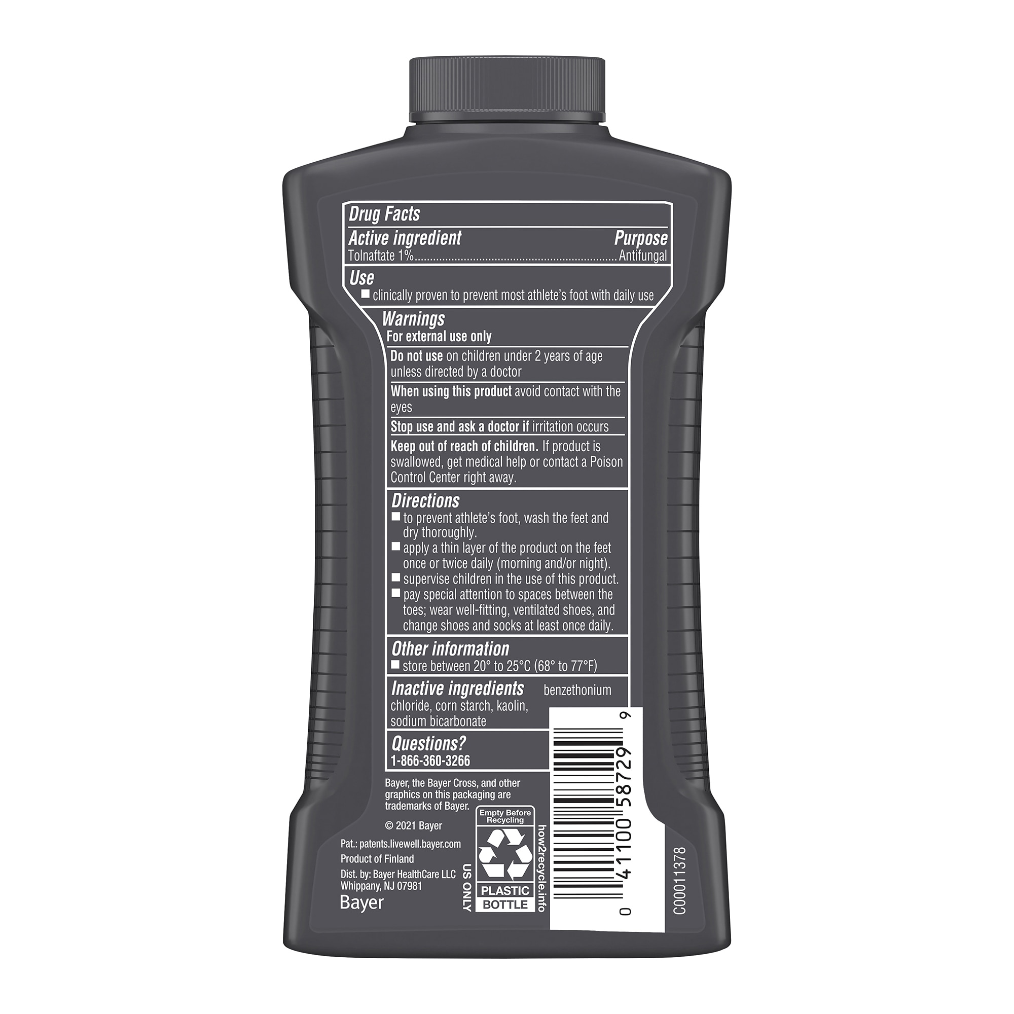 back of grey bottle of lotrimin athlete's foot powder spray